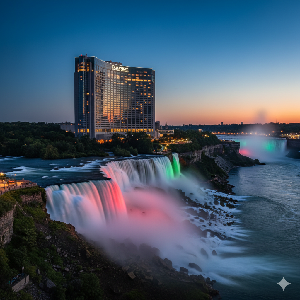 Exterior view of Fallsview Casino Resort at night overlooking Niagara Falls