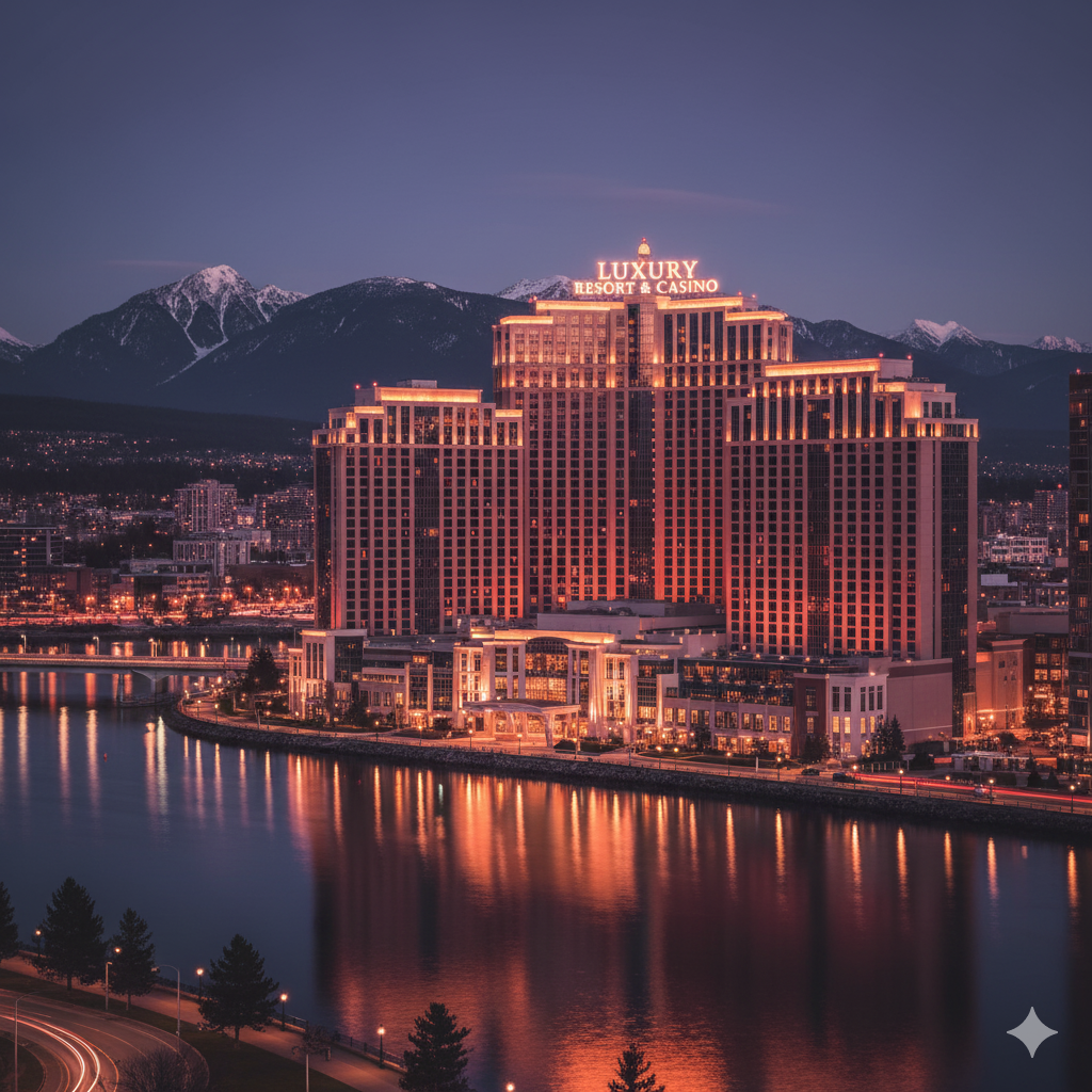 Scenic view of a modern luxury casino hotel in a Canadian city skyline at night